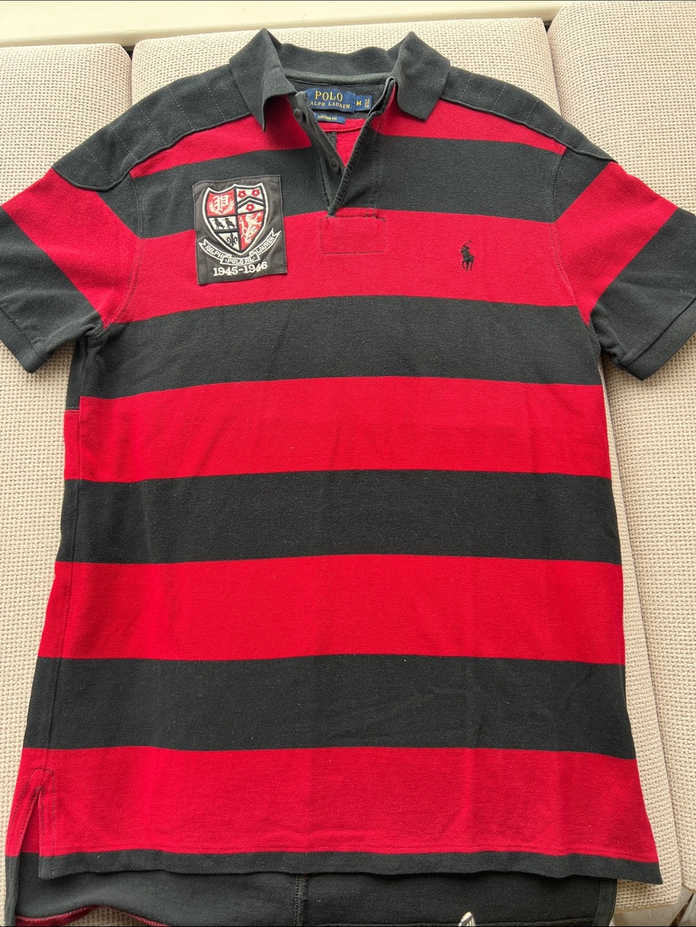 Polo Ralph Lauren Red and Black Striped Rugby Shirt VINTAGE Sz M